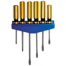 Отвертки CrV сталь, магнитный наконечник, желтые пластиковые ручки, на держателе, набор 6 шт. FIT 56006